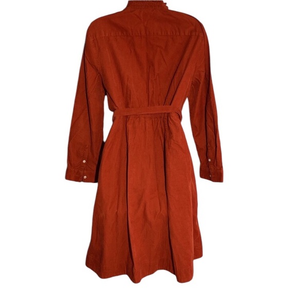 J. Crew burnt orange corduroy button down waist tie ruffle neck dress, size 18 - Picture 7 of 11